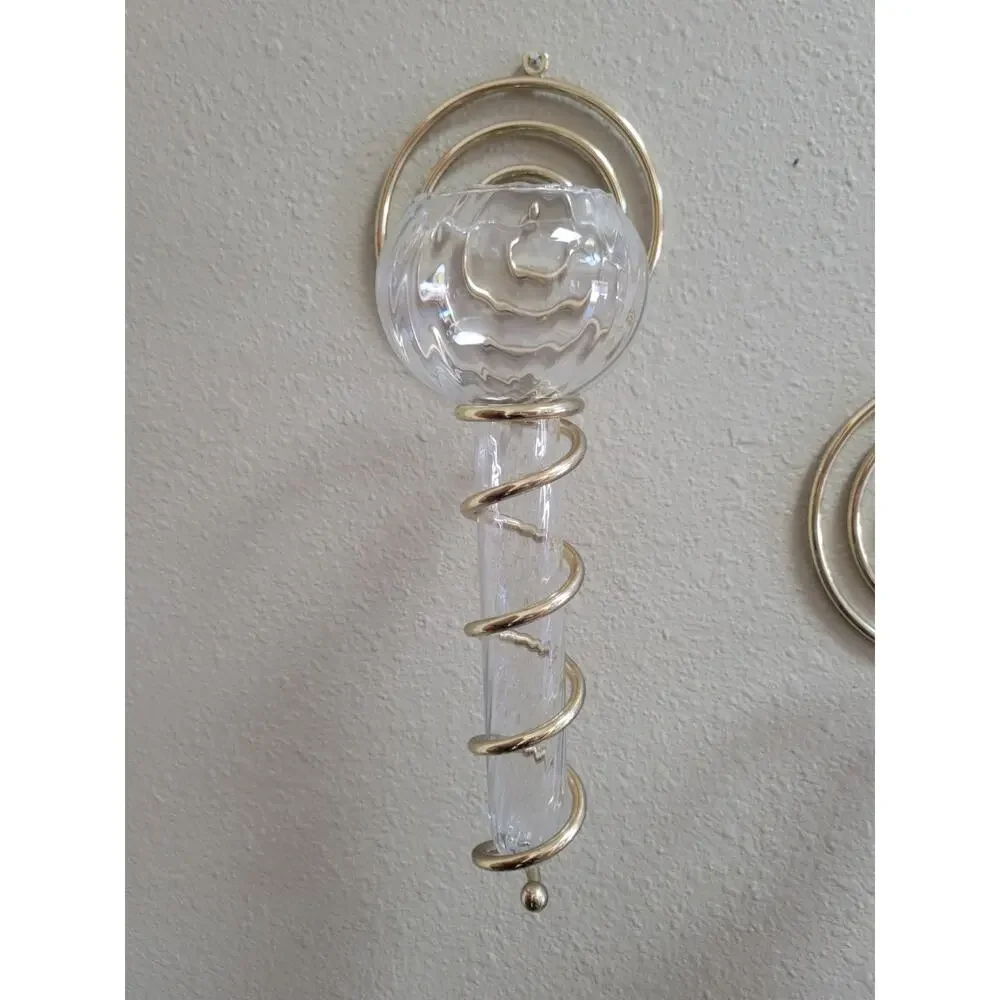 Vintage PartyLite Olympia Glass Candle Holder, Spiral Brass Wall Sconce Set Pair